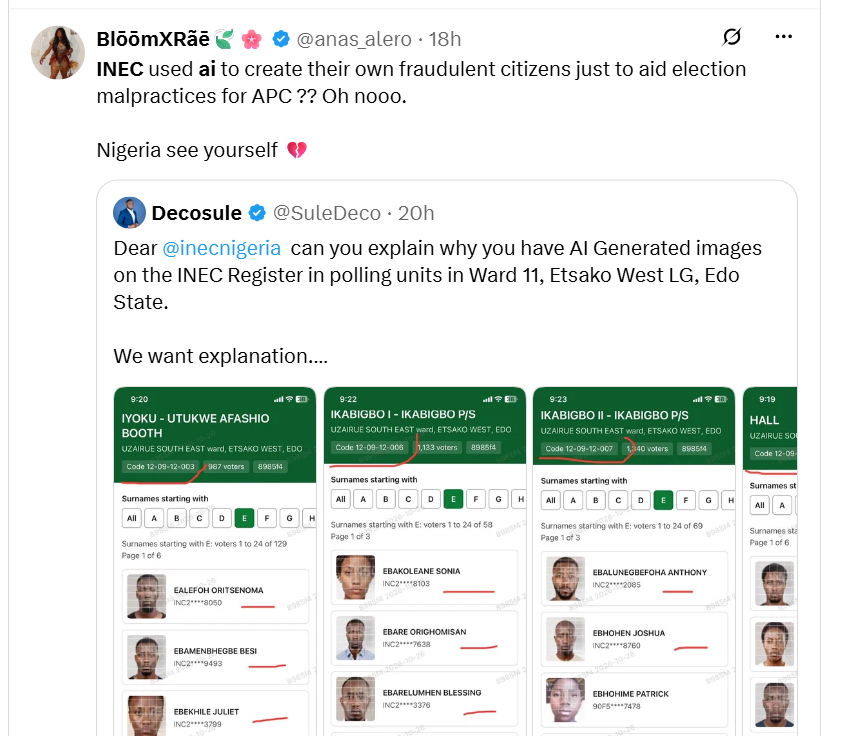 INEC slammed by Nigerians over alleged ‘AI-generated photos and names of deceased persons’ in voters’ register